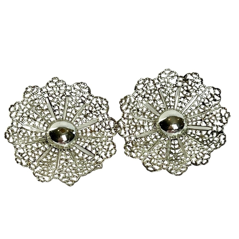 Vintage Sarah Coventry Filigree Flowers Large Silver Clip On Earrings 1970s 70s